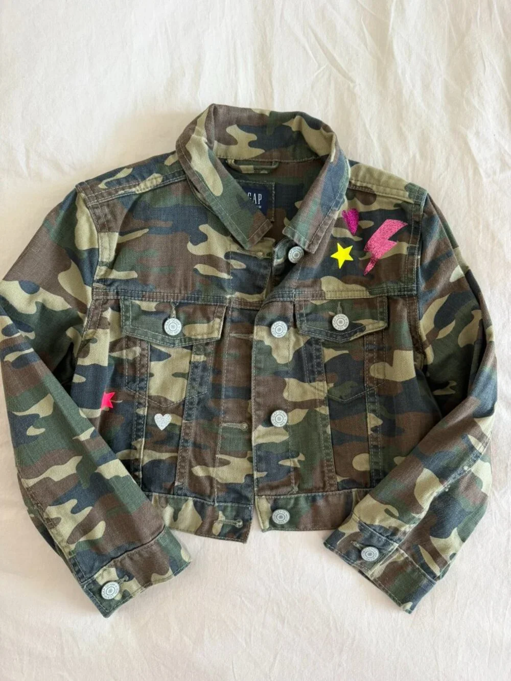 Gap Kids Camo Denim Jacket with Patches Size S Girls